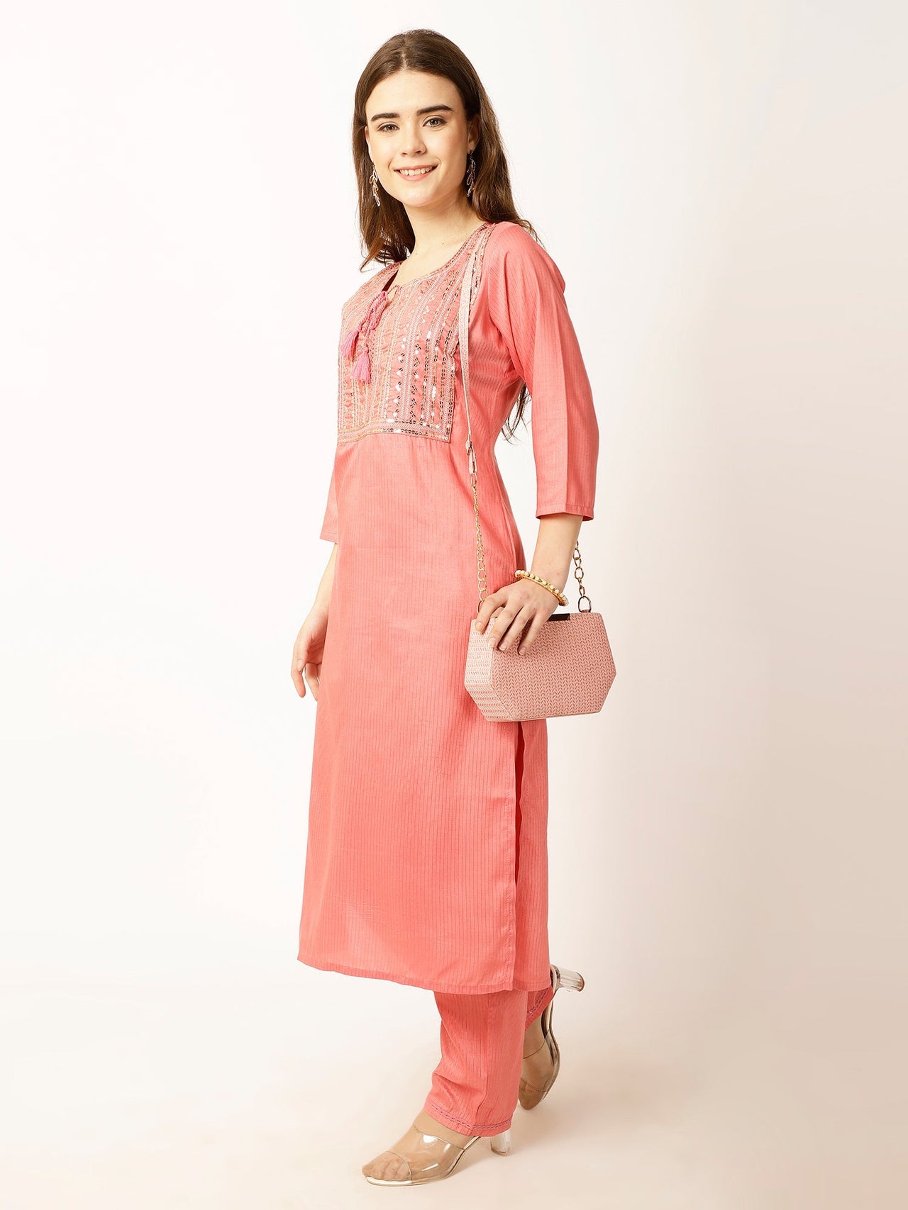 Ethnic Motifs Yoke Design Regular Sequinned Kurta with Trousers - RueCollections