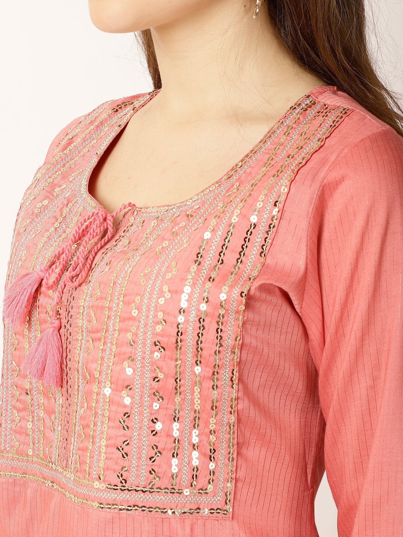 Ethnic Motifs Yoke Design Regular Sequinned Kurta with Trousers - RueCollections