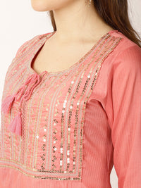 Thumbnail for Ethnic Motifs Yoke Design Regular Sequinned Kurta with Trousers - RueCollections