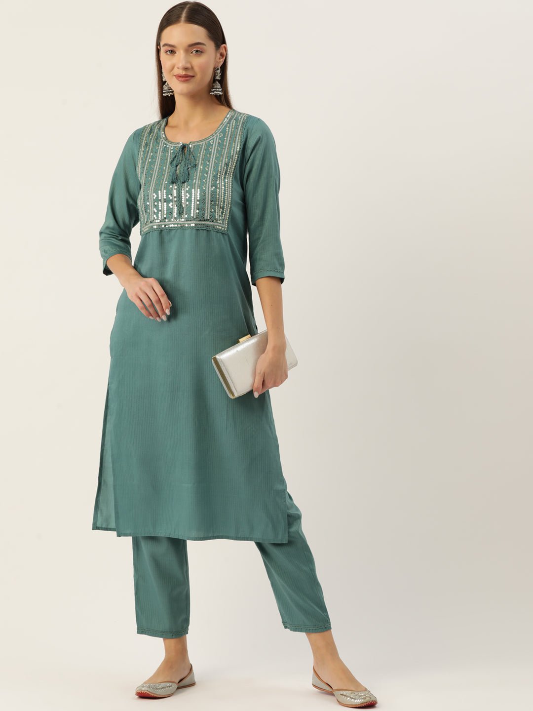 Ethnic Motifs Yoke Design Regular Sequinned Kurta with Trousers - RueCollections