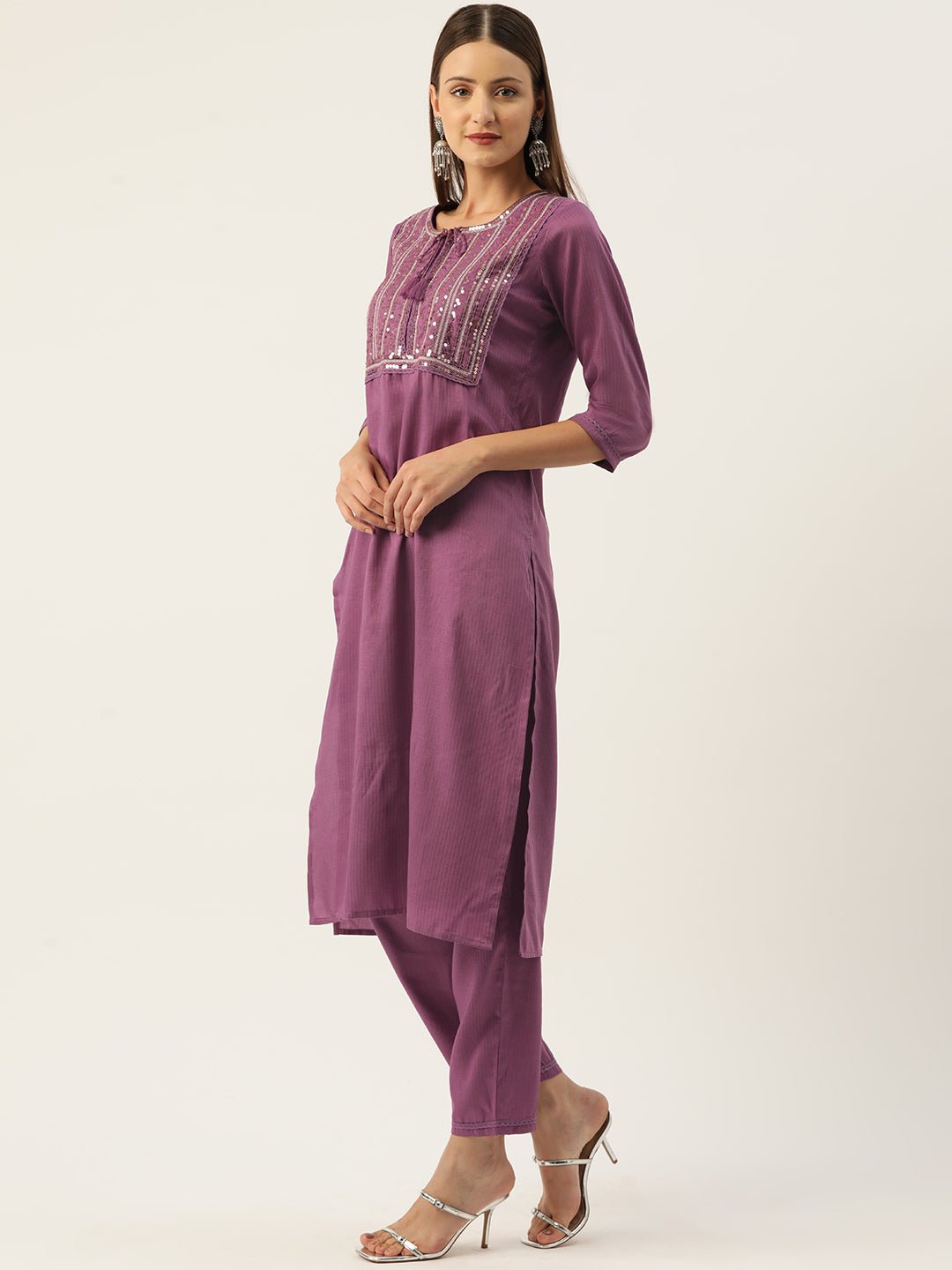 Ethnic Motifs Yoke Design Regular Sequinned Kurta with Trousers - RueCollections