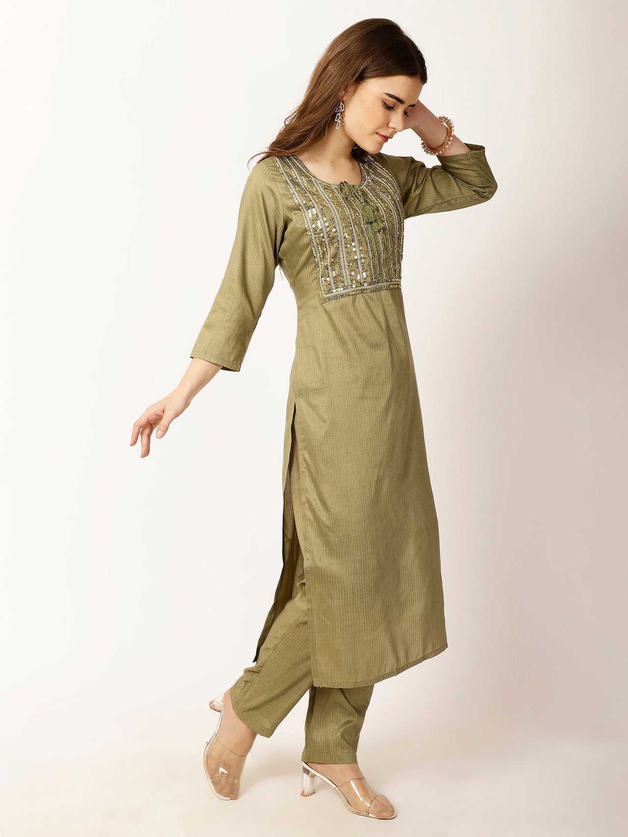 Ethnic Motifs Yoke Design Regular Sequinned Kurta with Trousers - RueCollections