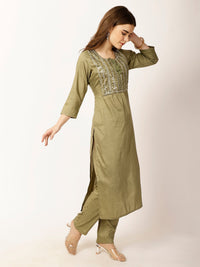 Thumbnail for Ethnic Motifs Yoke Design Regular Sequinned Kurta with Trousers - RueCollections