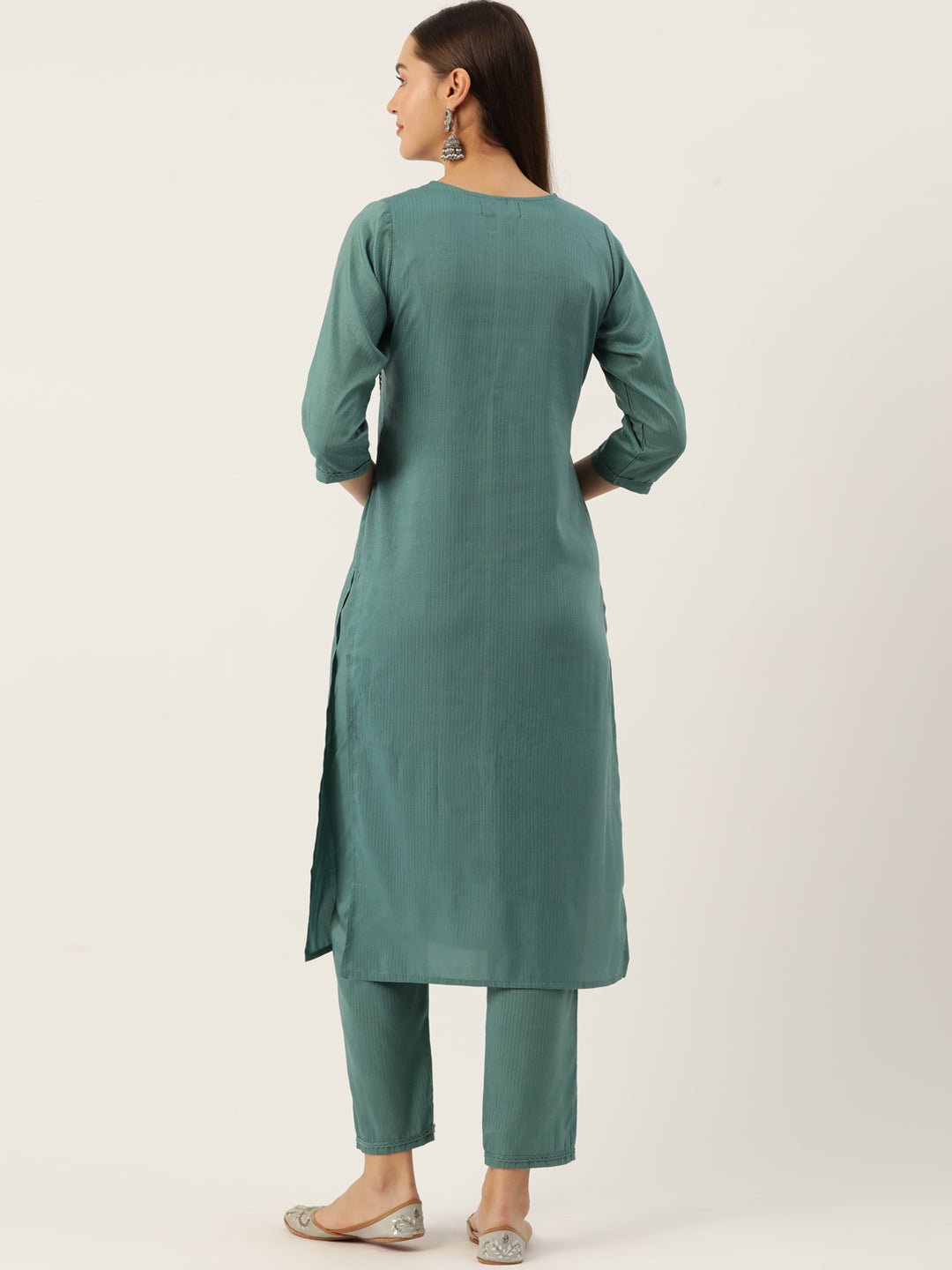 Ethnic Motifs Yoke Design Regular Sequinned Kurta with Trousers - RueCollections