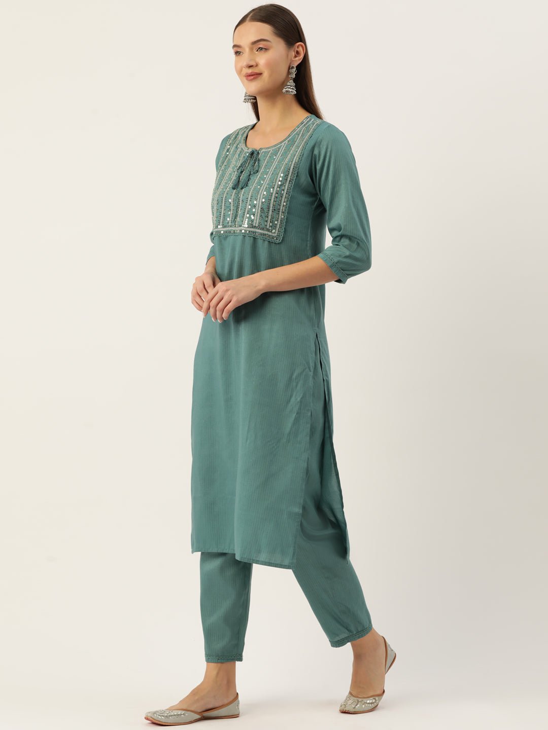 Ethnic Motifs Yoke Design Regular Sequinned Kurta with Trousers - RueCollections