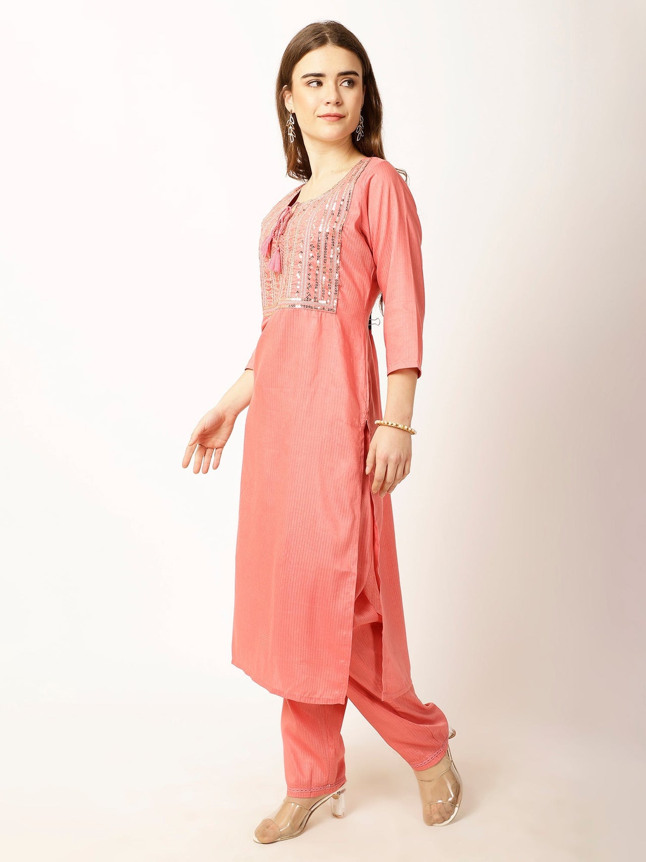 Ethnic Motifs Yoke Design Regular Sequinned Kurta with Trousers - RueCollections