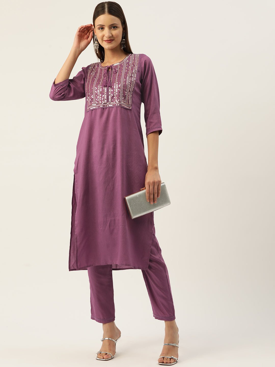 Ethnic Motifs Yoke Design Regular Sequinned Kurta with Trousers - RueCollections