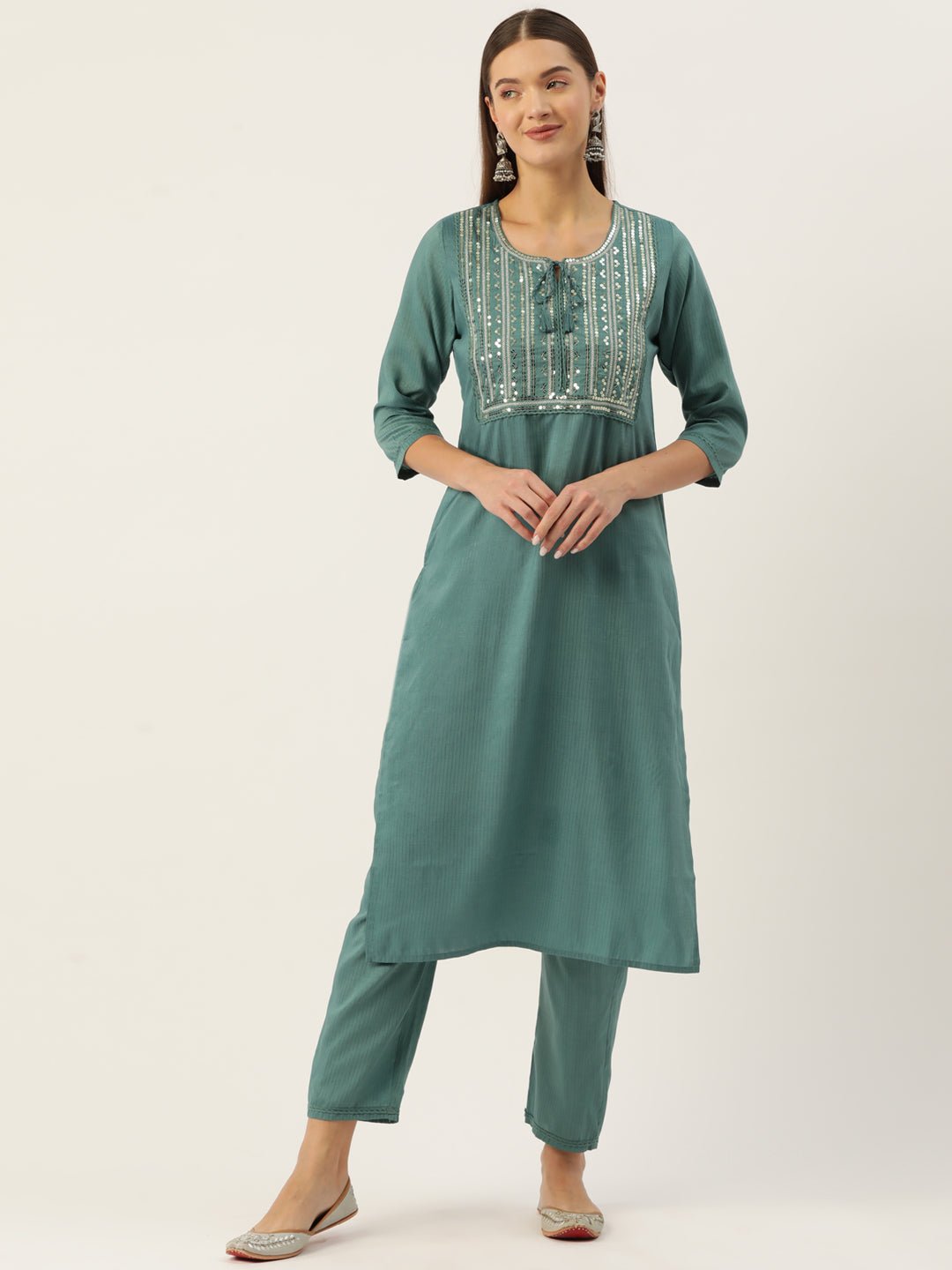 Ethnic Motifs Yoke Design Regular Sequinned Kurta with Trousers - RueCollections