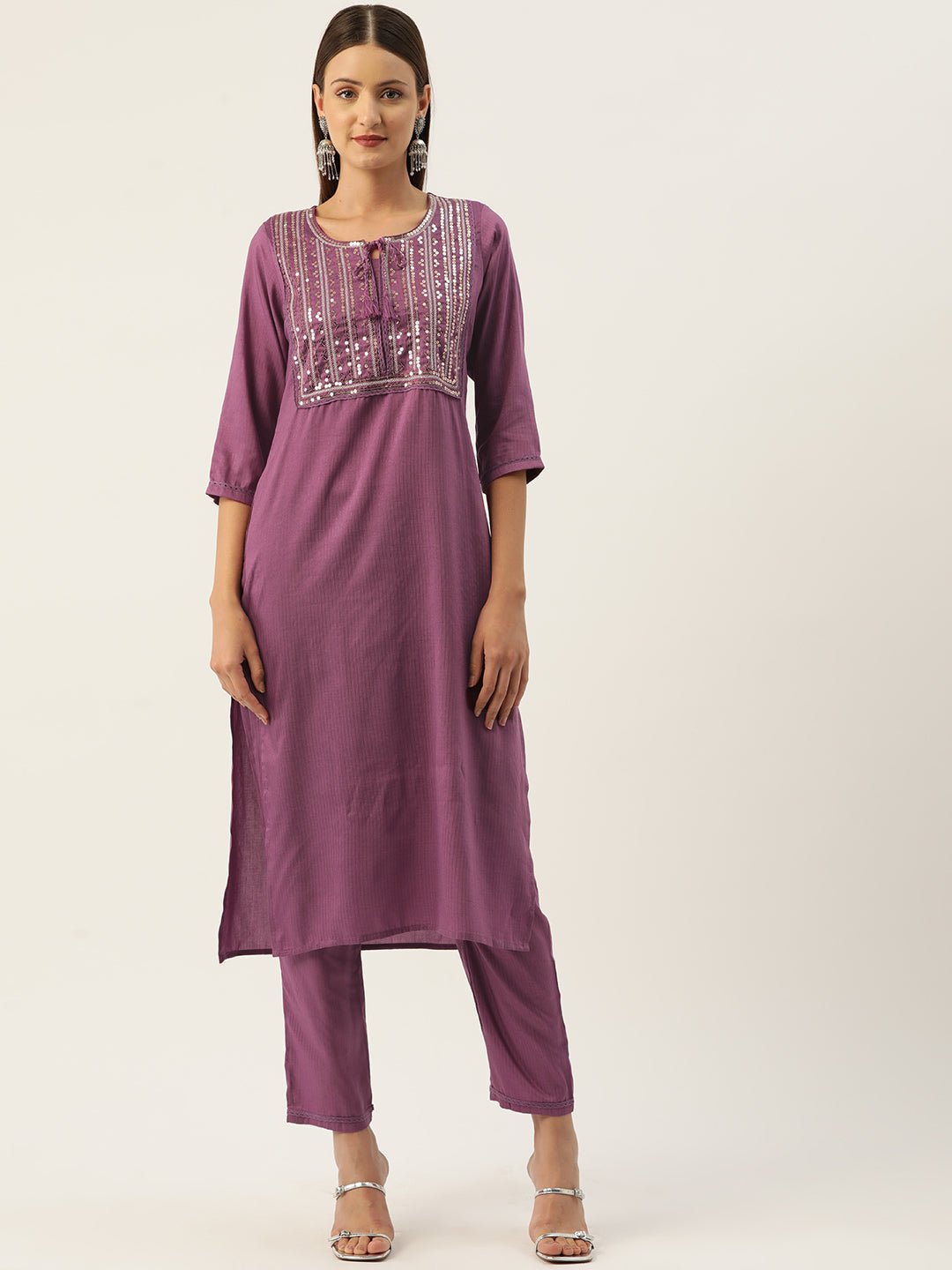 Ethnic Motifs Yoke Design Regular Sequinned Kurta with Trousers - RueCollections