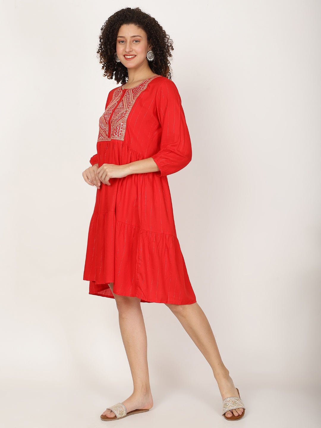 Ethnic Motifs Yoke Design Round Neck Thread Work A - Line Kurta - RueCollections