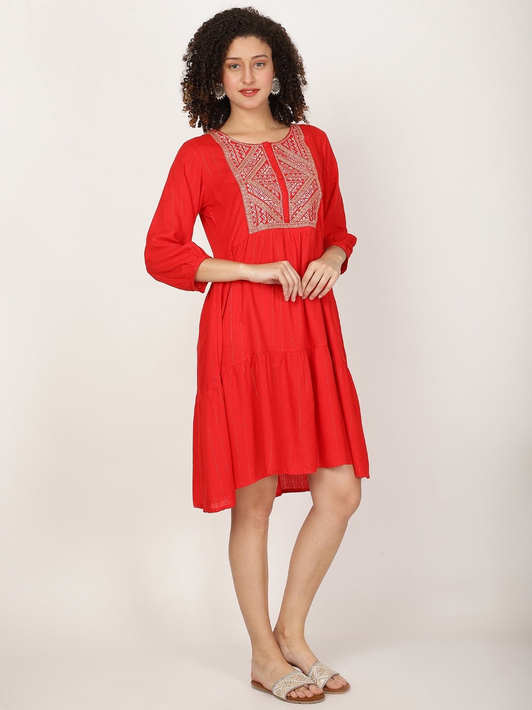 Ethnic Motifs Yoke Design Round Neck Thread Work A - Line Kurta - RueCollections