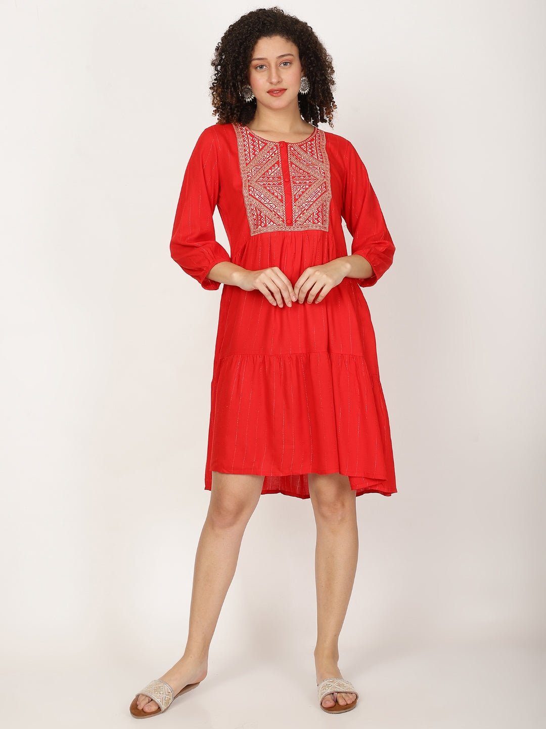 Ethnic Motifs Yoke Design Round Neck Thread Work A - Line Kurta - RueCollections