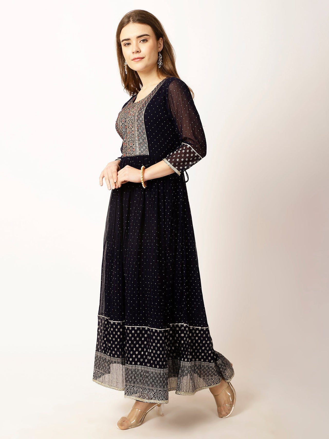 Ethnic Motifs Yoke Design Sequinned A - Line Kurta - RueCollections