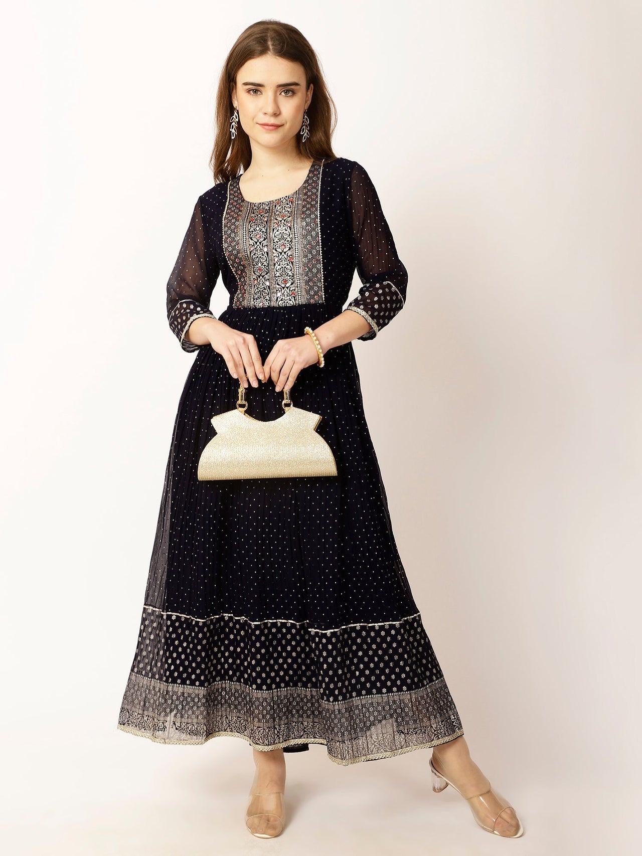 Ethnic Motifs Yoke Design Sequinned A - Line Kurta - RueCollections