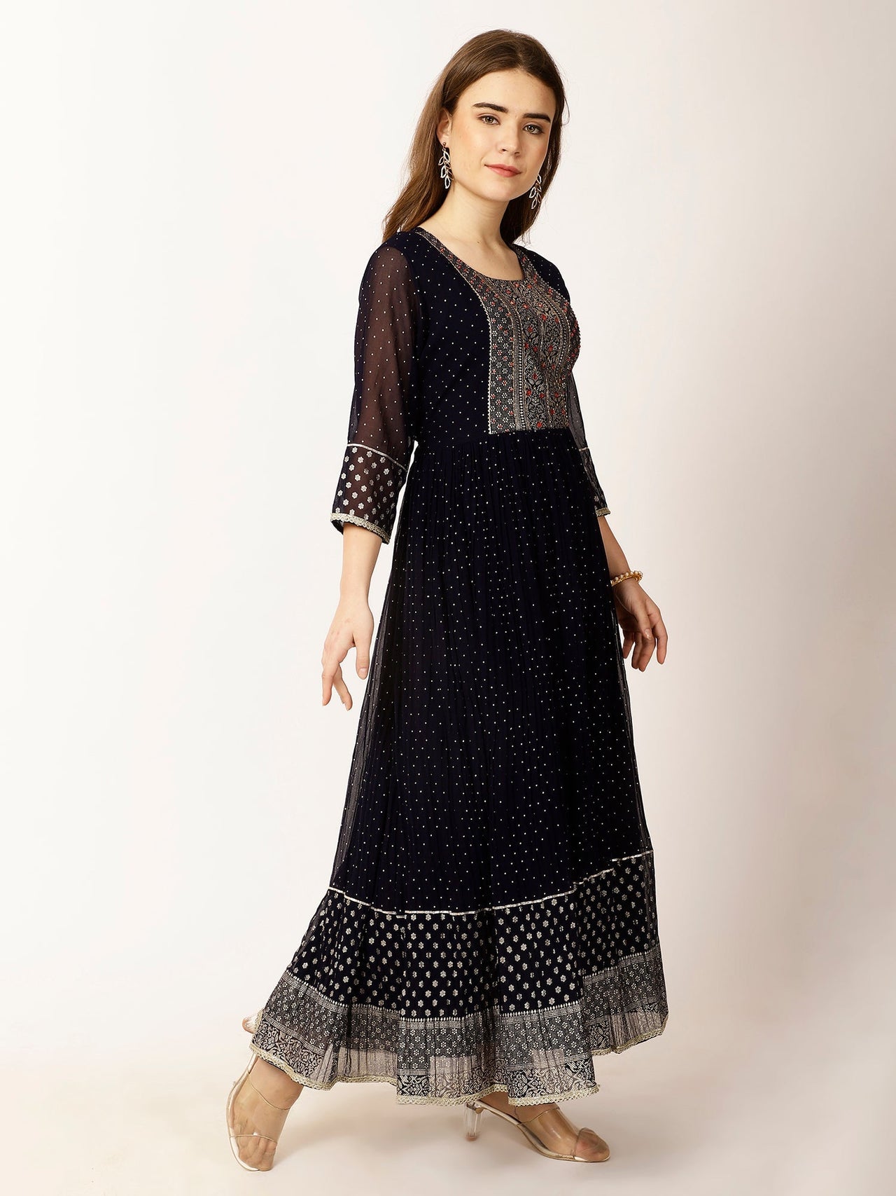 Ethnic Motifs Yoke Design Sequinned A - Line Kurta - RueCollections