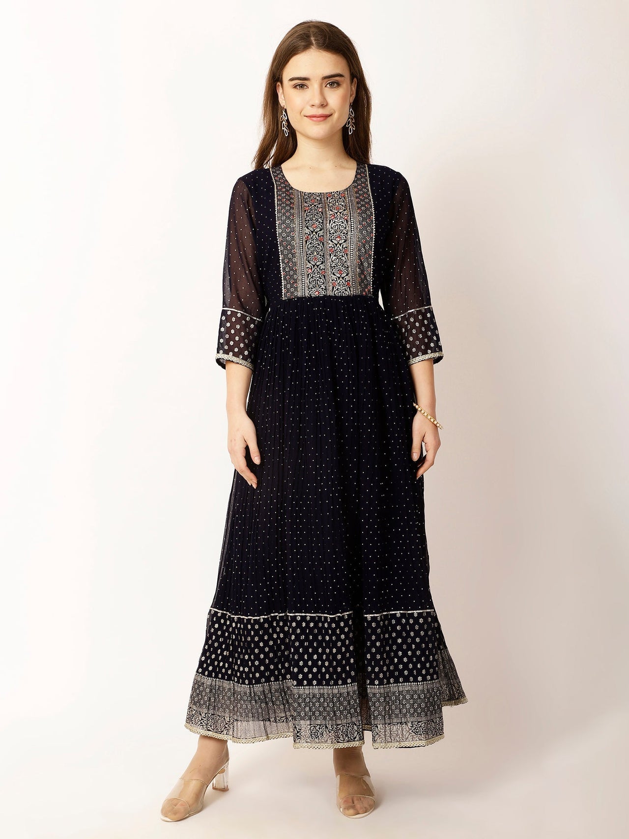 Ethnic Motifs Yoke Design Sequinned A - Line Kurta - RueCollections