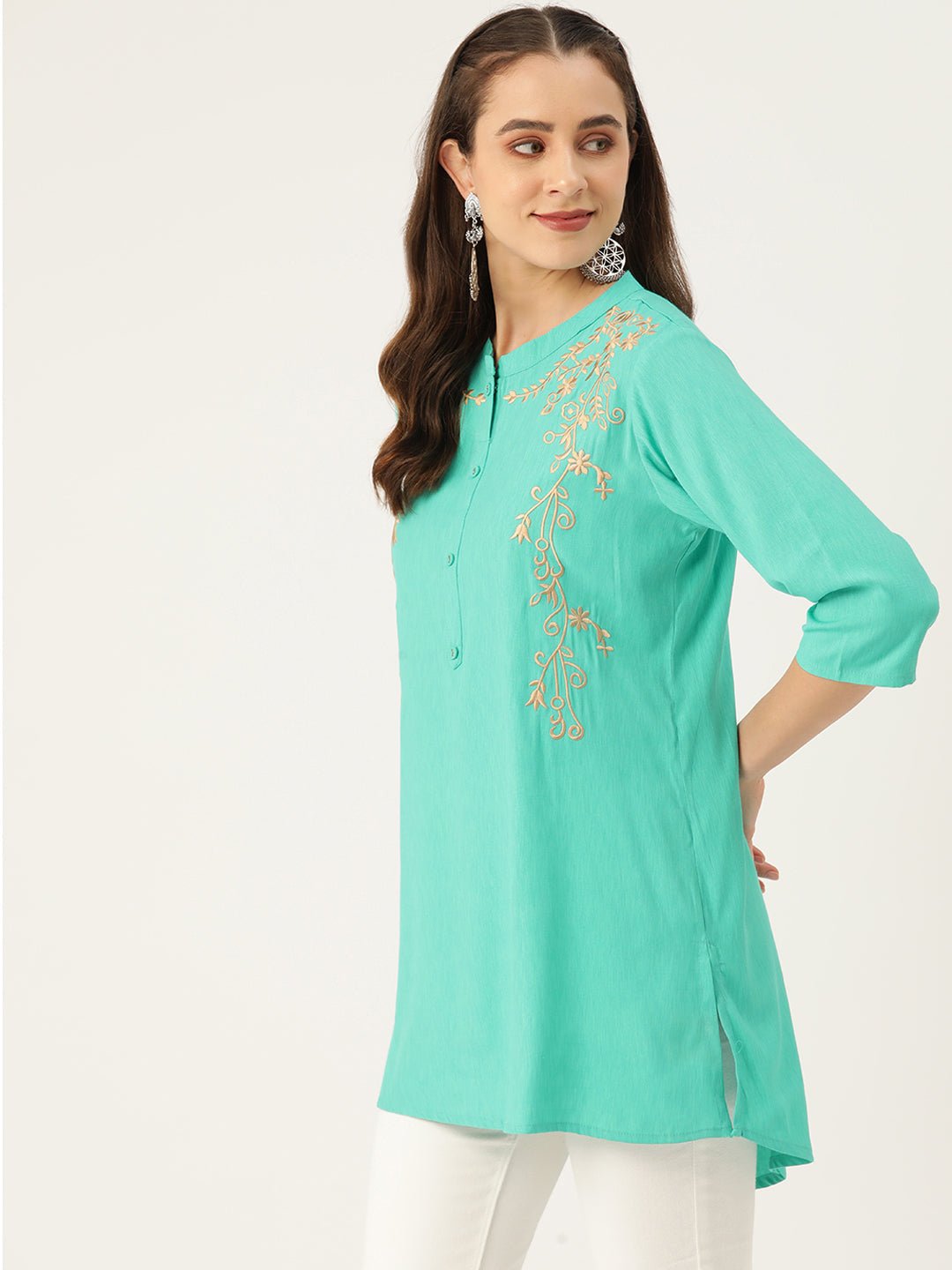 Floral Embroidered Pure Cotton Thread Work Kurti - RueCollections