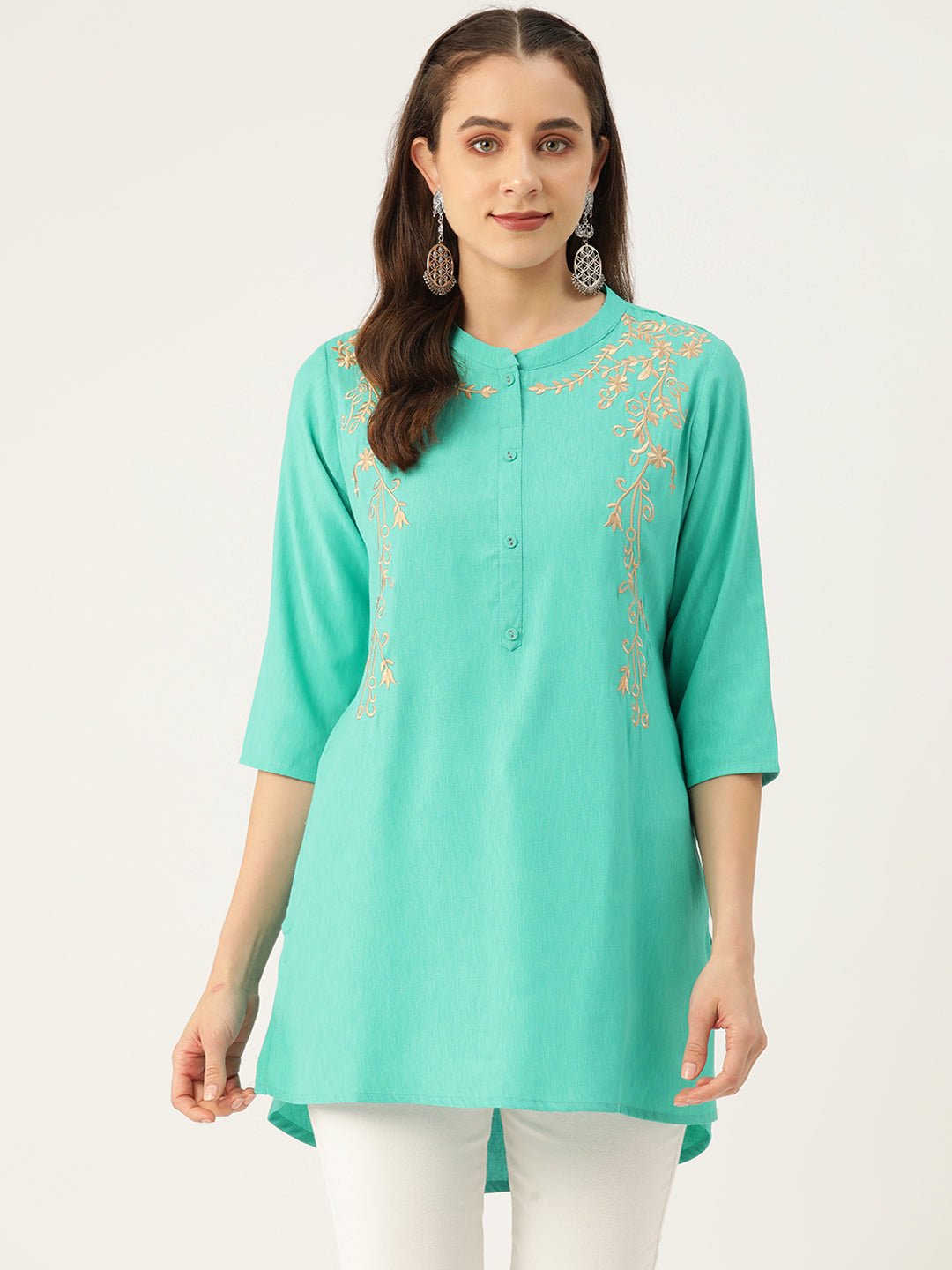 Floral Embroidered Pure Cotton Thread Work Kurti - RueCollections