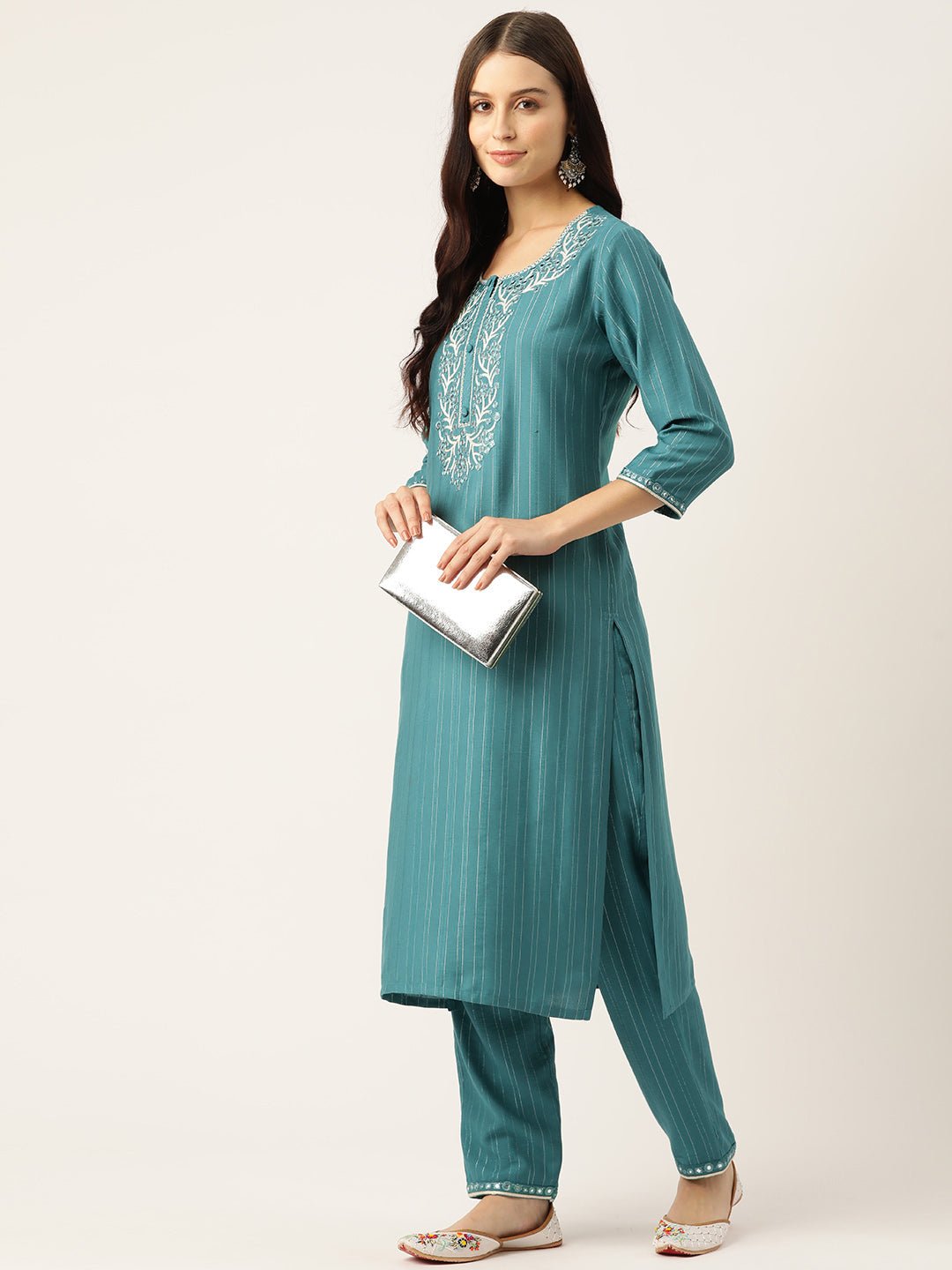 Floral Embroidered Regular Mirror Work Kurta with Trousers - RueCollections