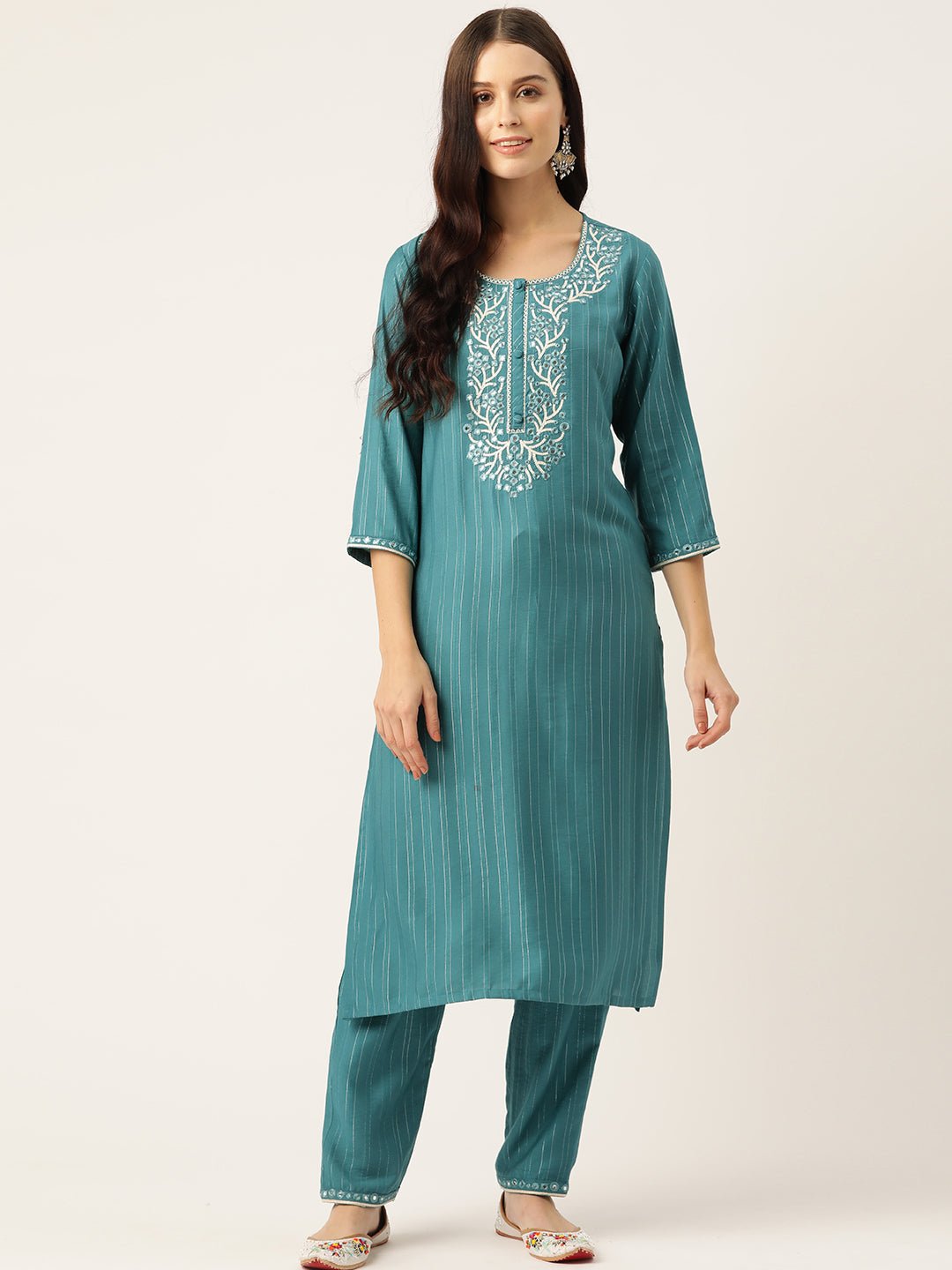 Floral Embroidered Regular Mirror Work Kurta with Trousers - RueCollections