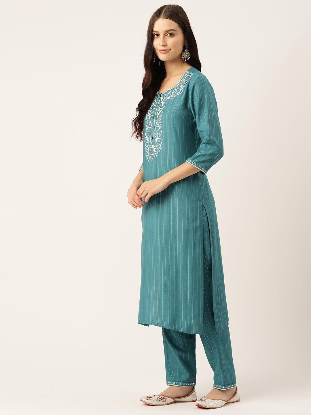 Floral Embroidered Regular Mirror Work Kurta with Trousers - RueCollections