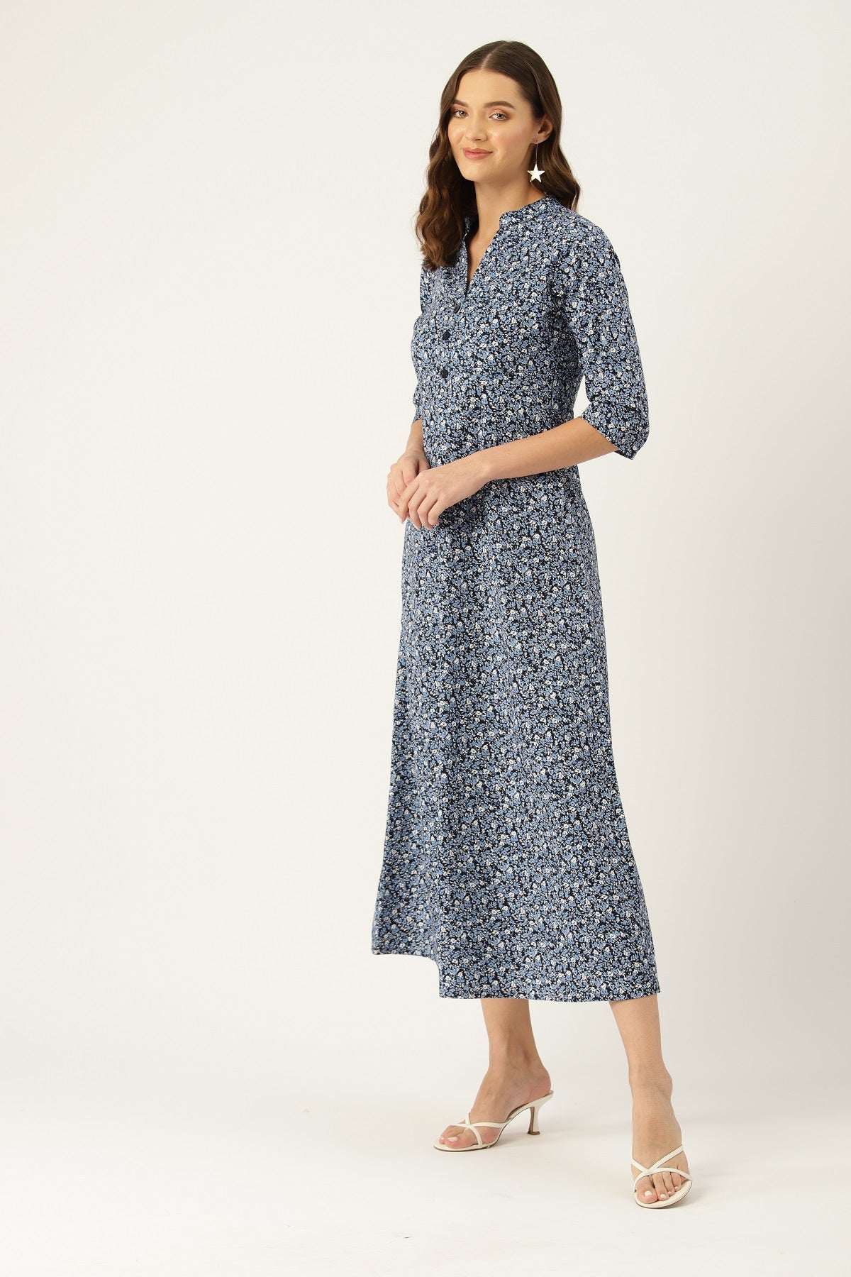 Floral Print A - Line Midi Dress - RueCollections