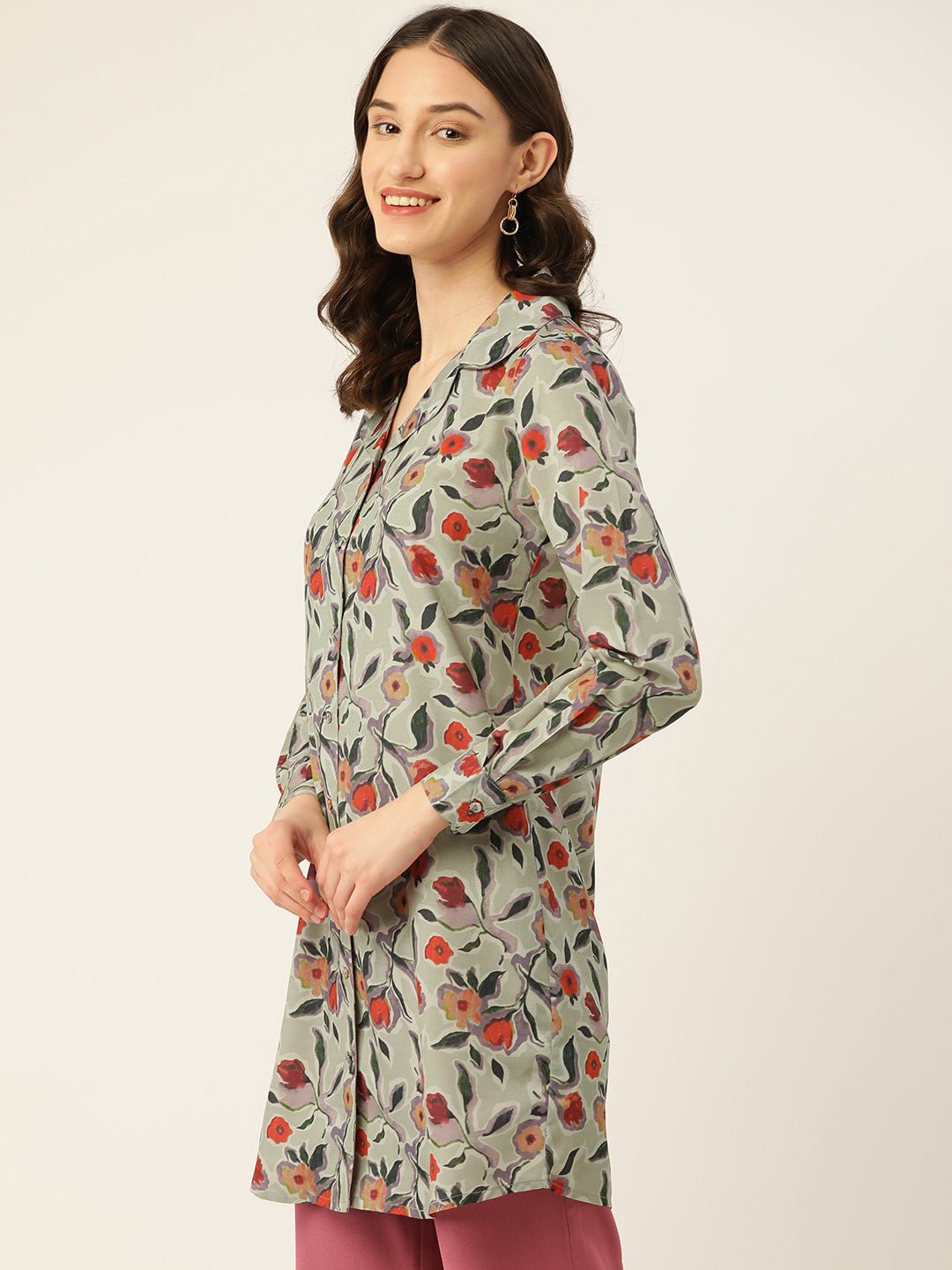 Floral Print Crepe Shirt Style Longline Top - RueCollections