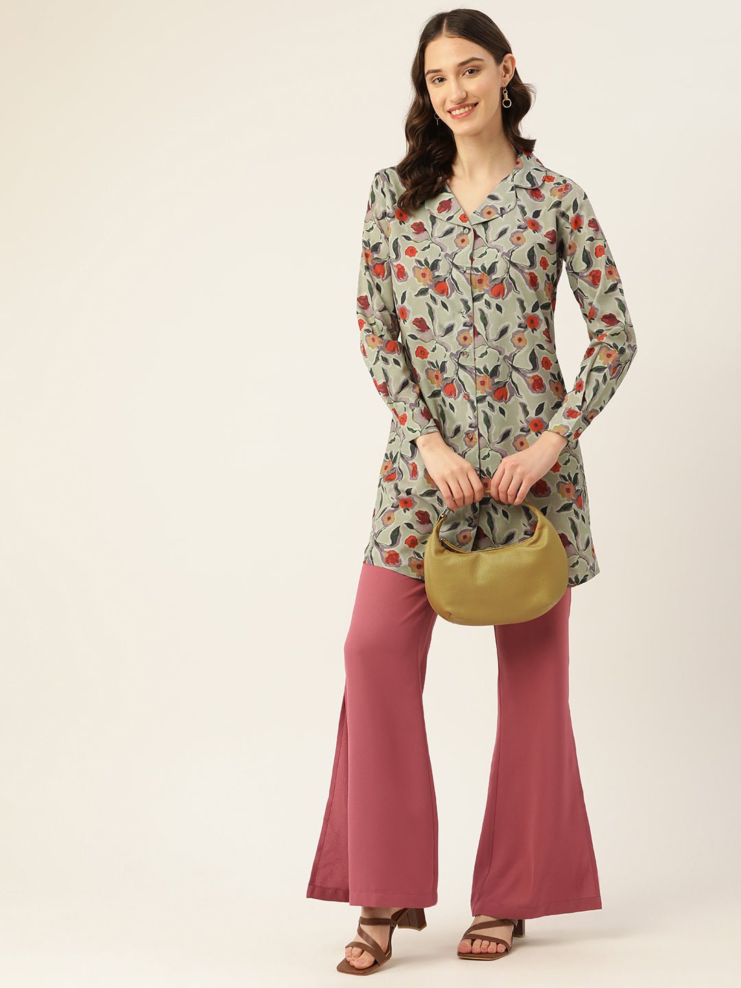 Floral Print Crepe Shirt Style Longline Top - RueCollections