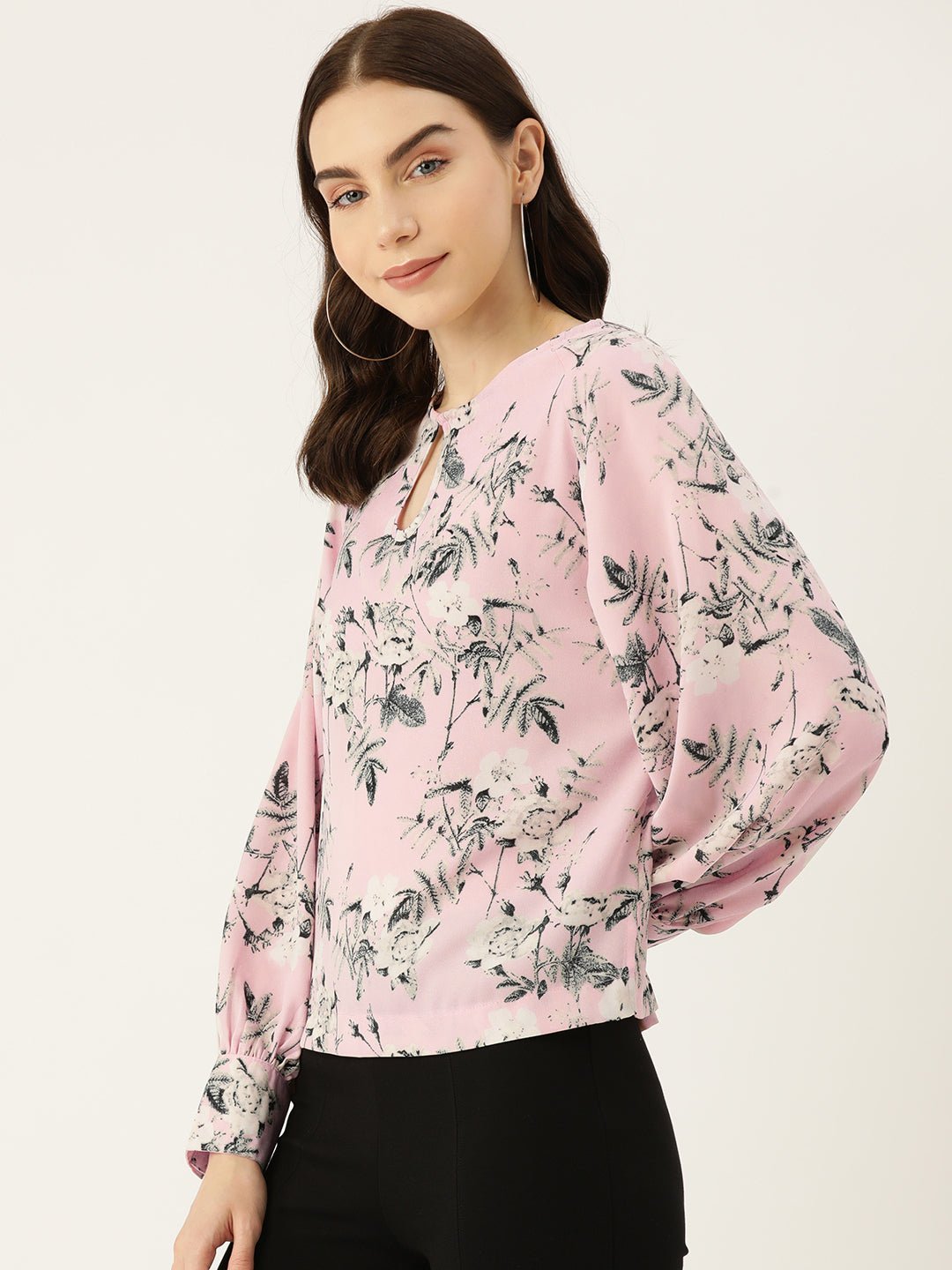 Floral Print Keyhole Neck Puff Sleeve Top - RueCollections