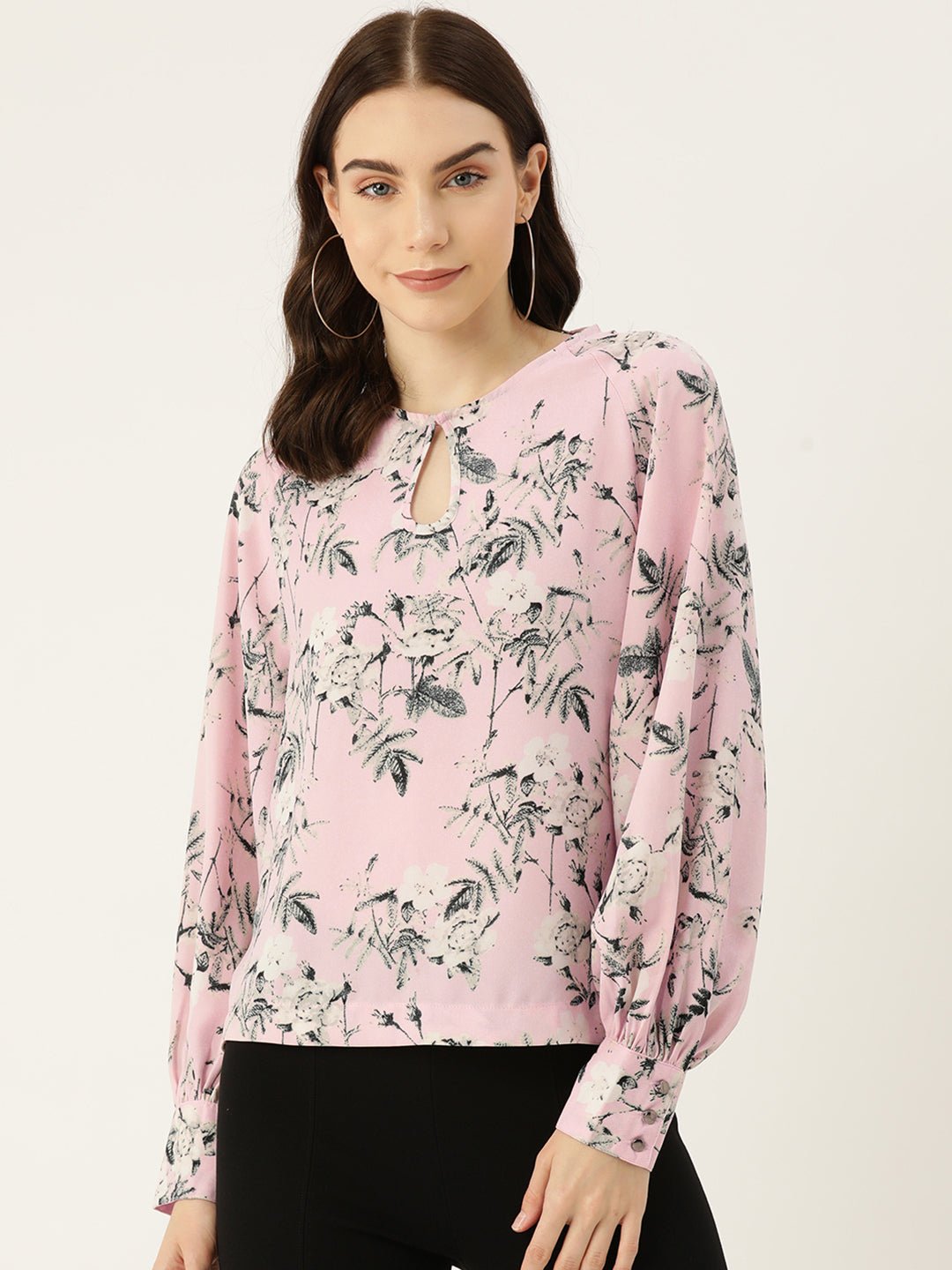 Floral Print Keyhole Neck Puff Sleeve Top - RueCollections