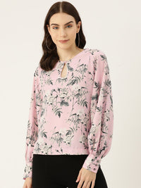 Thumbnail for Floral Print Keyhole Neck Puff Sleeve Top - RueCollections