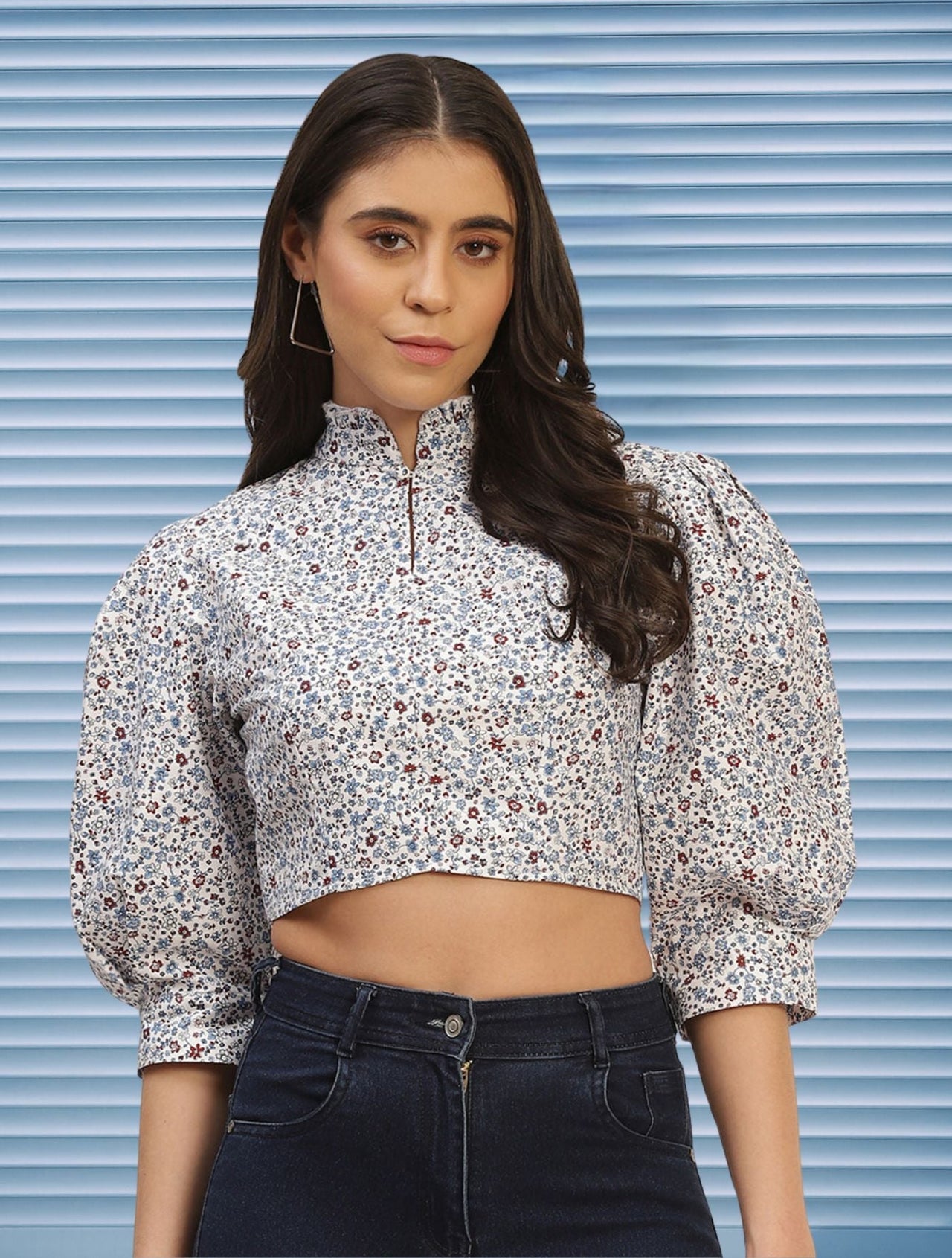 Floral Print Mandarin Collar Puff Sleeve Crop Top - RueCollections