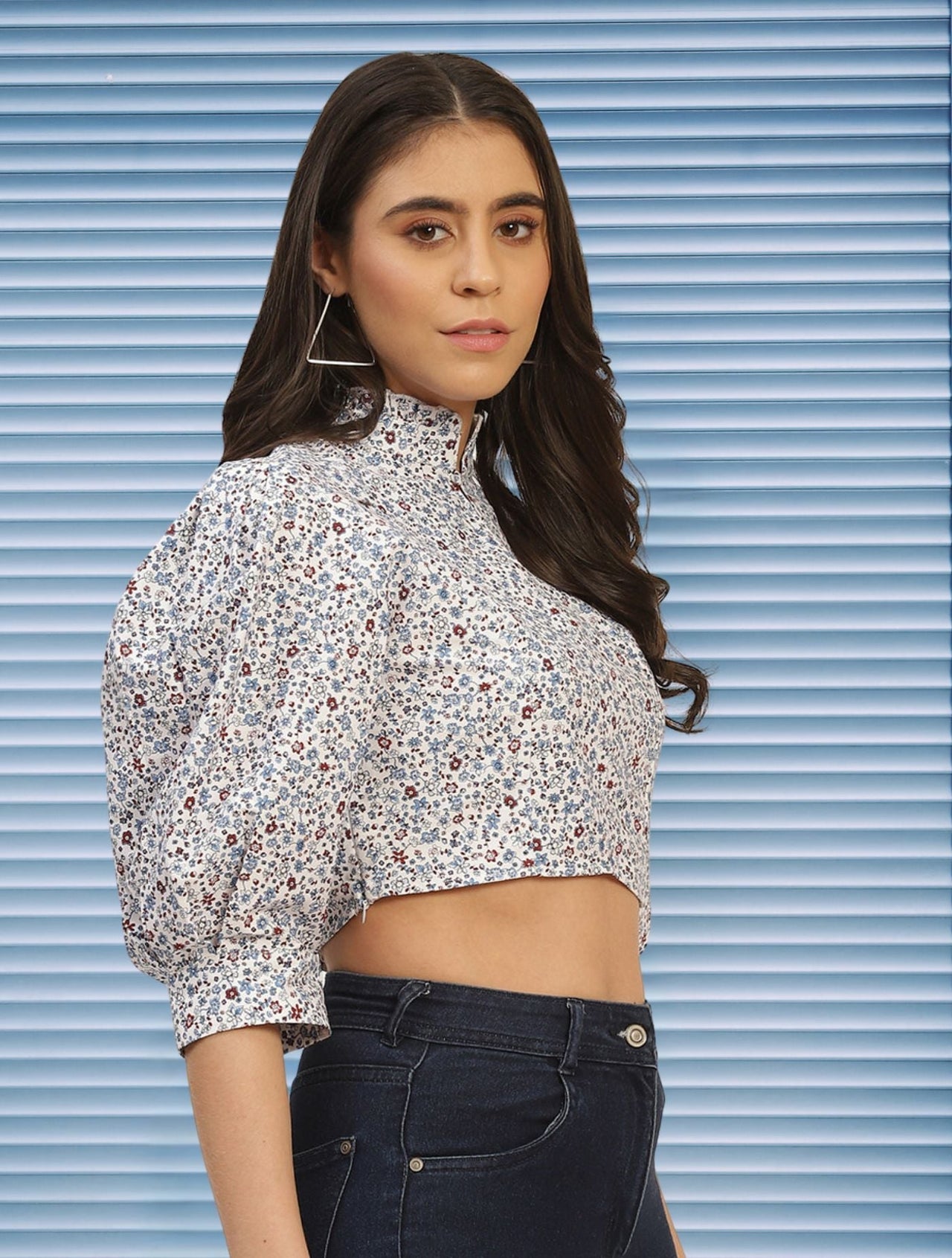 Floral Print Mandarin Collar Puff Sleeve Crop Top - RueCollections