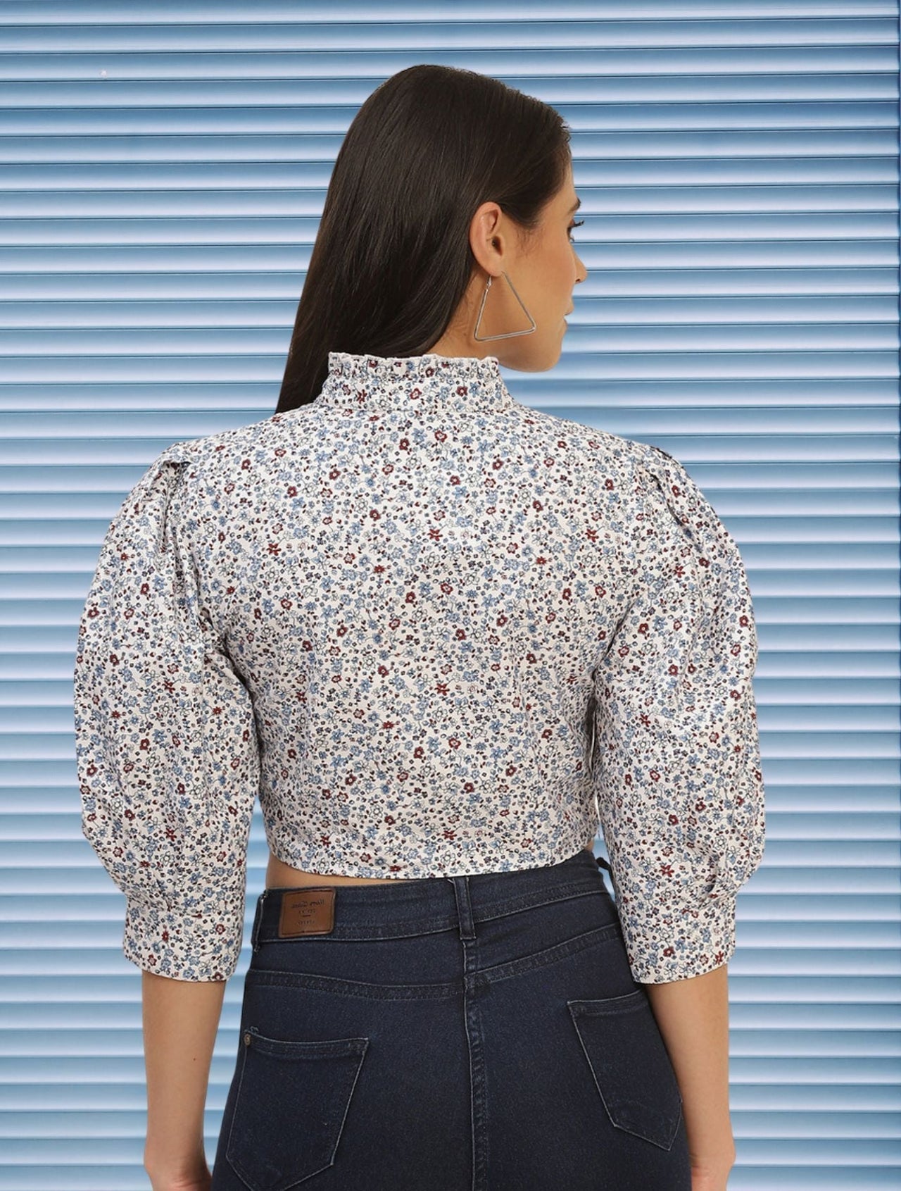 Floral Print Mandarin Collar Puff Sleeve Crop Top - RueCollections