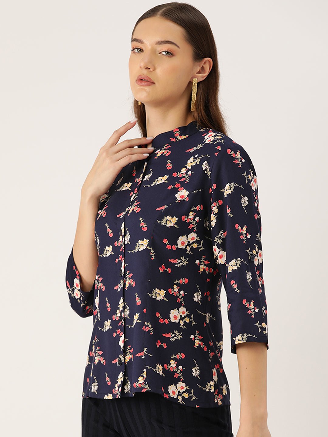 Floral Print Mandarin Collar Shirt Style Top - RueCollections