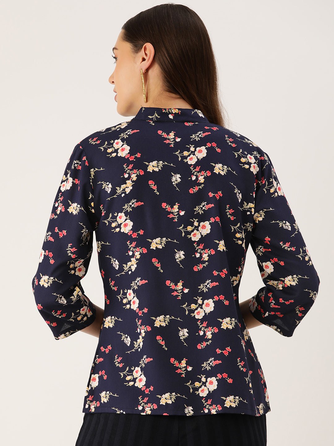 Floral Print Mandarin Collar Shirt Style Top - RueCollections