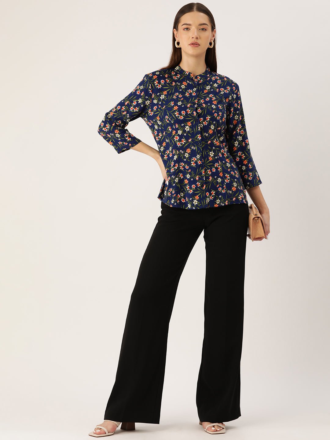 Floral Print Mandarin Collar Shirt Style Top - RueCollections