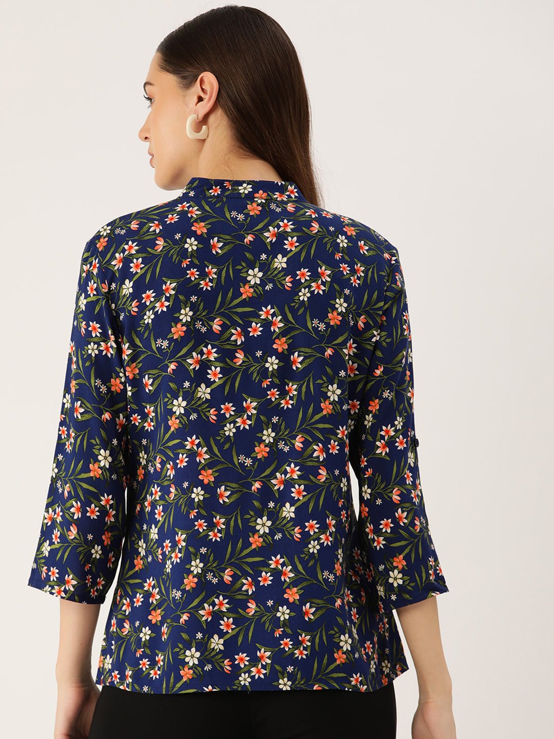 Floral Print Mandarin Collar Shirt Style Top - RueCollections