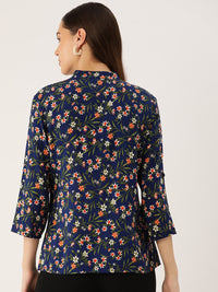 Thumbnail for Floral Print Mandarin Collar Shirt Style Top - RueCollections