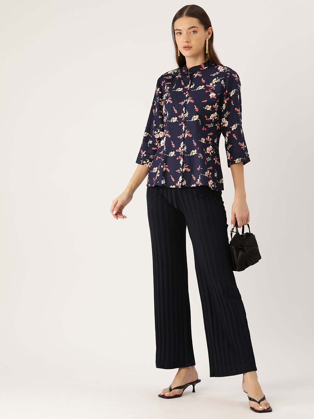 Floral Print Mandarin Collar Shirt Style Top - RueCollections