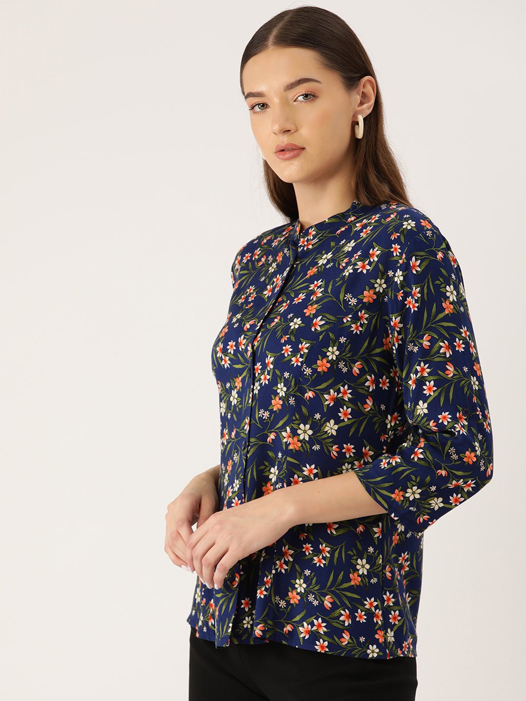 Floral Print Mandarin Collar Shirt Style Top - RueCollections