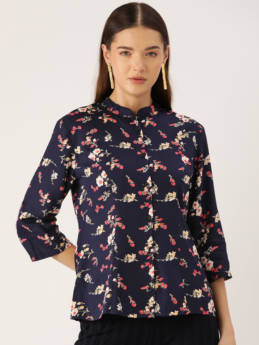 Floral Print Mandarin Collar Shirt Style Top - RueCollections