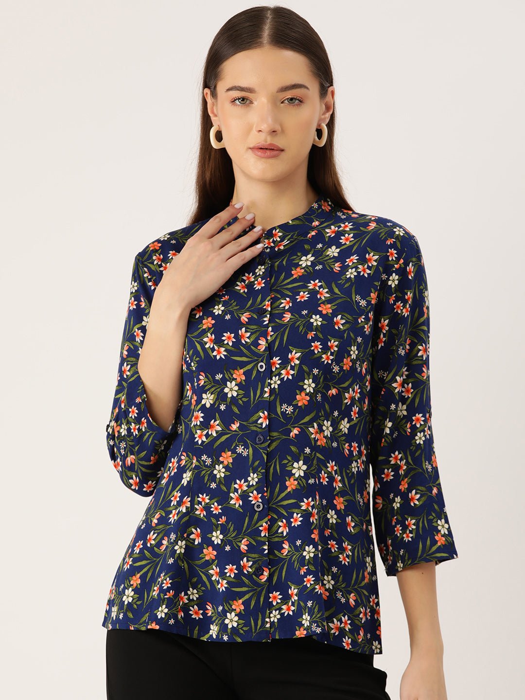 Floral Print Mandarin Collar Shirt Style Top - RueCollections