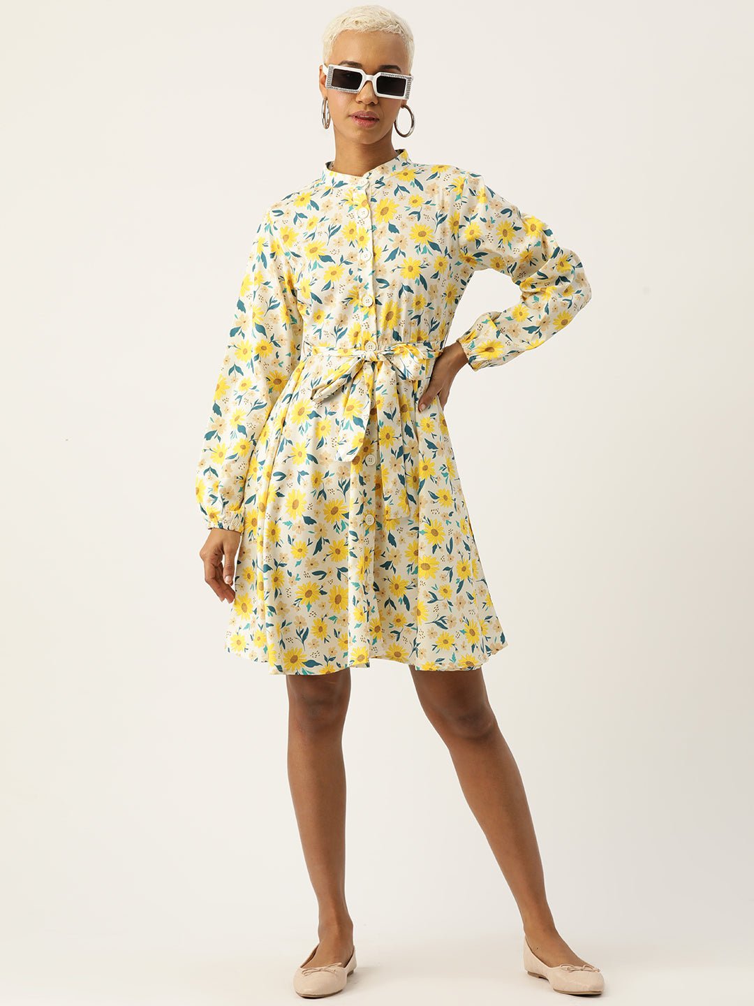 Floral Print Puff Sleeve Crepe A - Line Dress - RueCollections