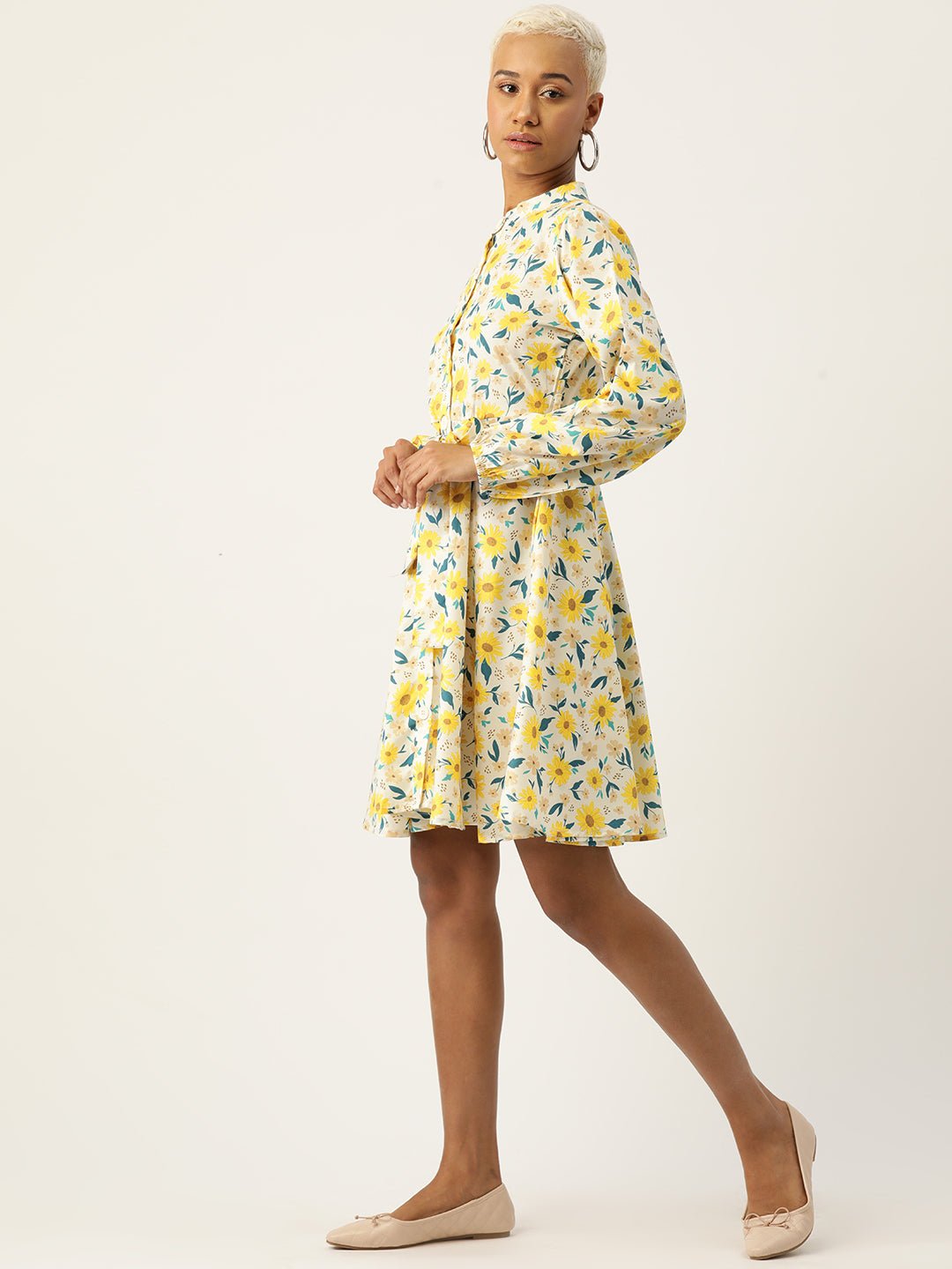 Floral Print Puff Sleeve Crepe A - Line Dress - RueCollections