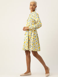 Thumbnail for Floral Print Puff Sleeve Crepe A - Line Dress - RueCollections