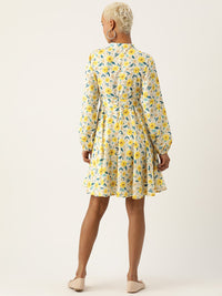 Thumbnail for Floral Print Puff Sleeve Crepe A - Line Dress - RueCollections