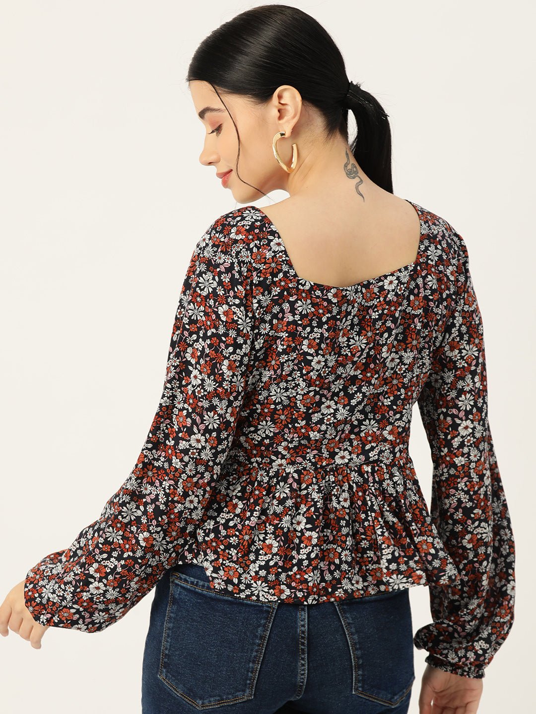 Floral Print Puff Sleeve Peplum Top - RueCollections