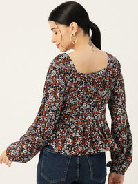 Thumbnail for Floral Print Puff Sleeve Peplum Top - RueCollections