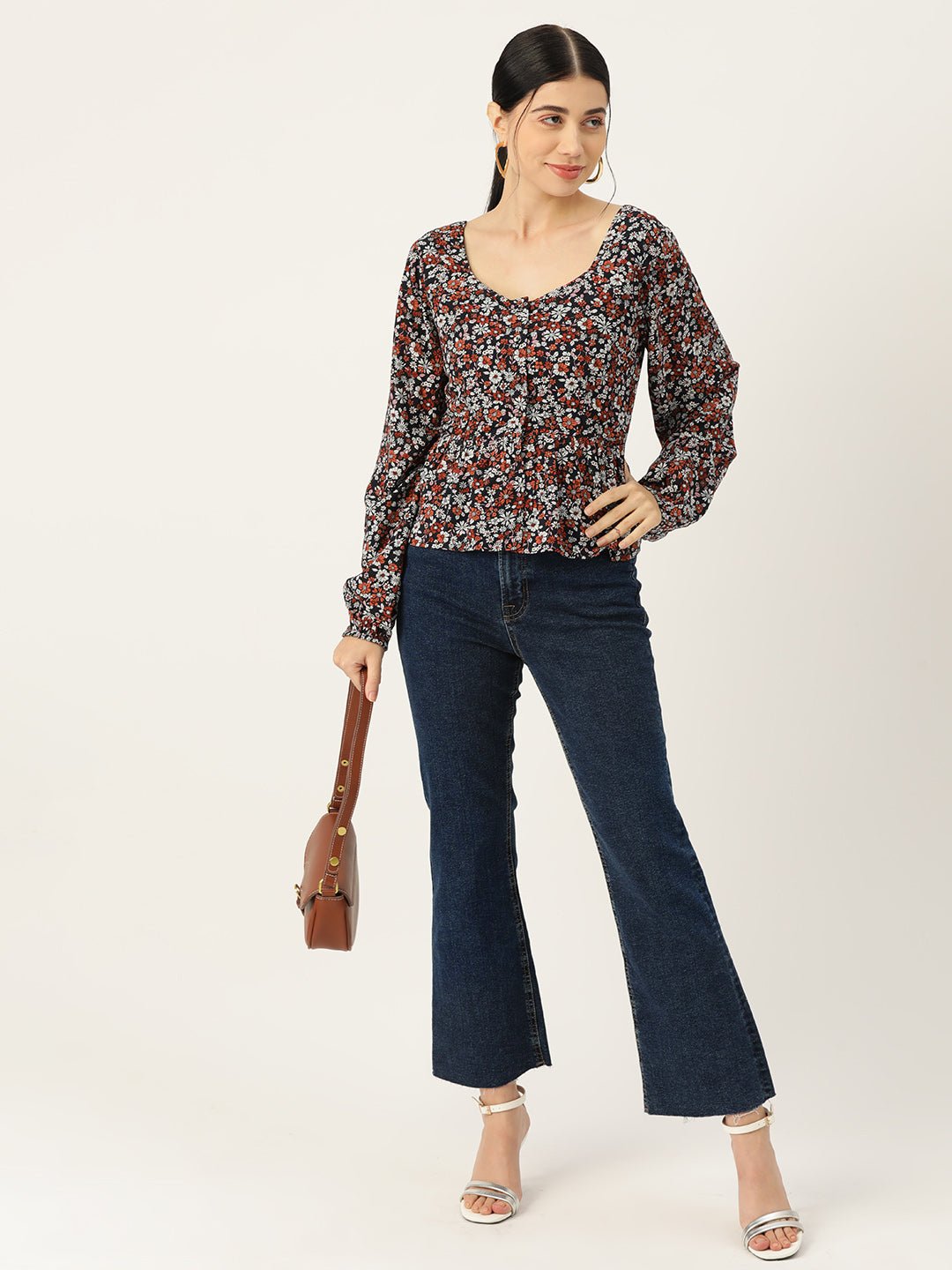 Floral Print Puff Sleeve Peplum Top - RueCollections